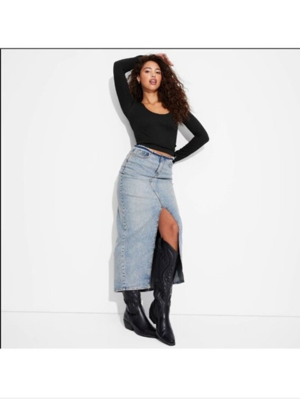 wild fable Light Wash Denim Midi Skirt with Front Slit - Black Accents
